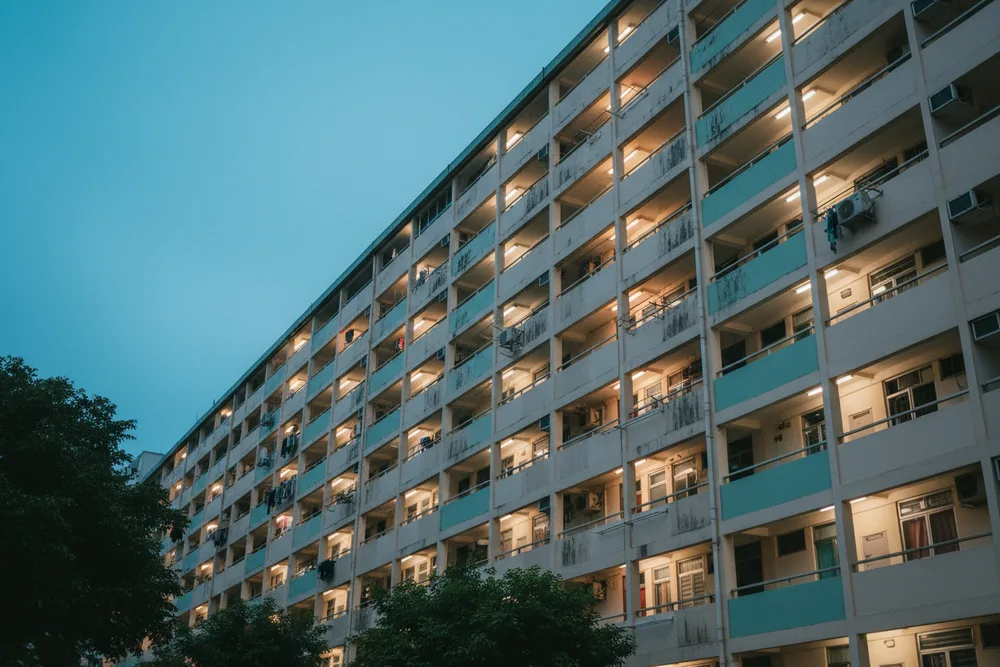 HDB block in Singapore at dusk with corridor lighting on, seen from ground level