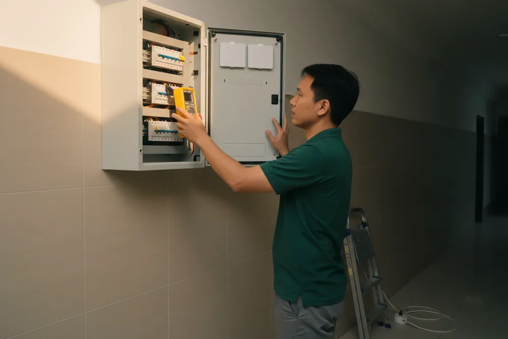 Licensed electrician testing a distribution board in a Singapore HDB flat