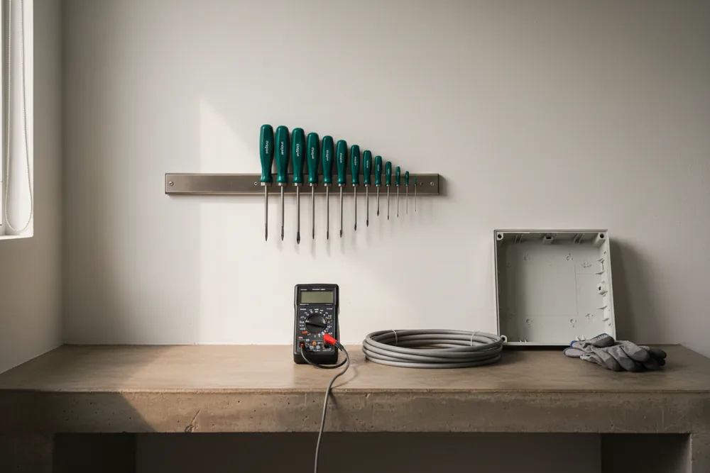 An electrician's workbench with tools, a multimeter and a spare distribution board enclosure