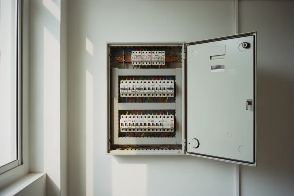 Open distribution board showing breakers