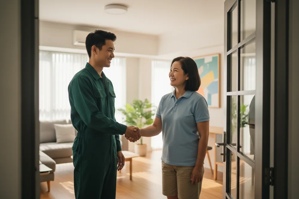 Electrician shaking hands with a homeowner