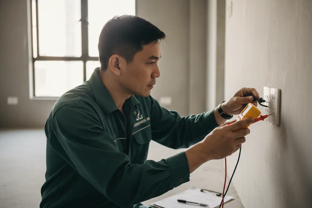 Electrician testing a socket in an empty flat