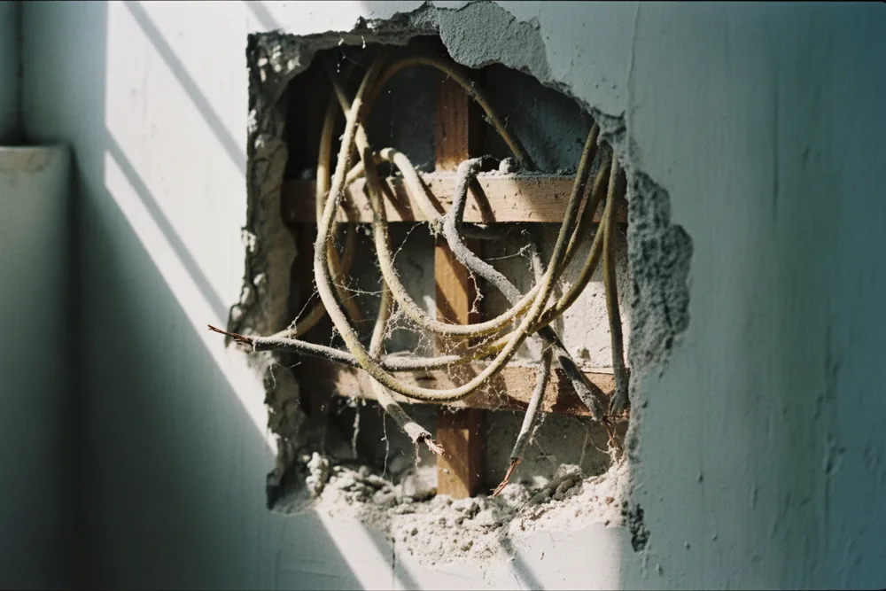 Aged wiring exposed in a wall