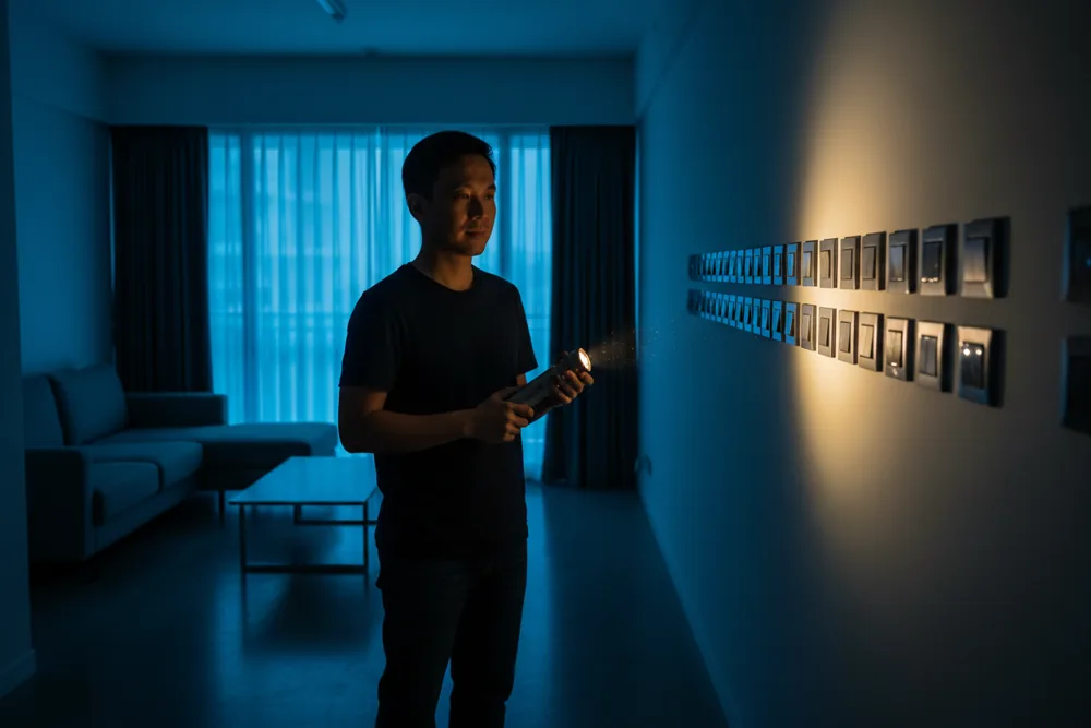 Person with a torch during a home power outage