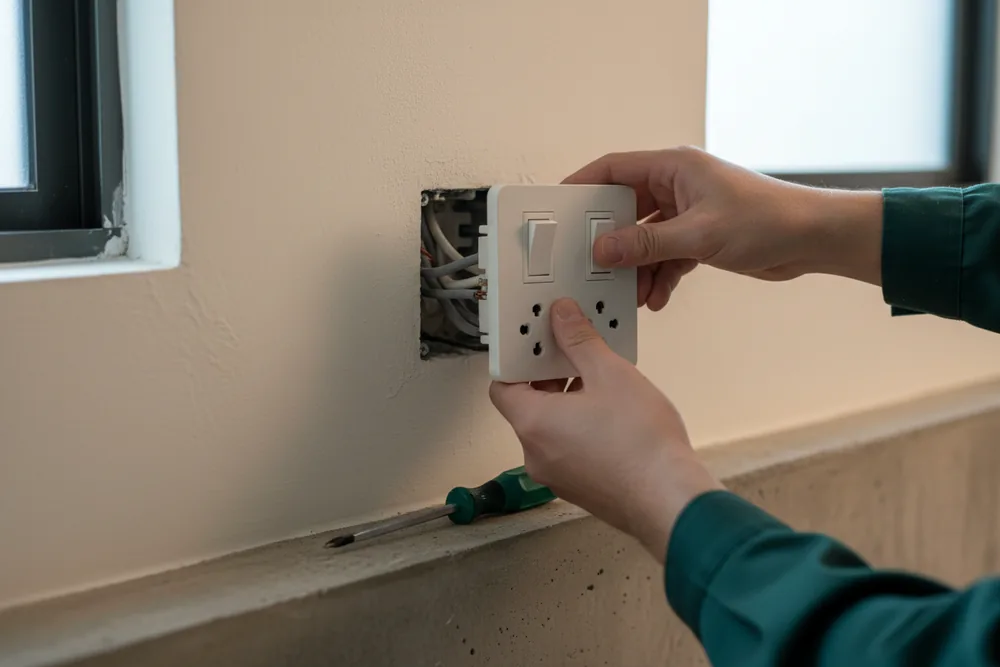 A 13A twin socket outlet being fitted in a Singapore flat