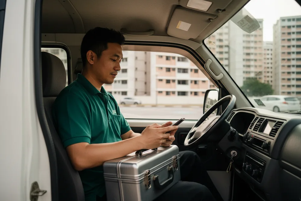 Electrician reading a job address before setting off to a call-out in Singapore