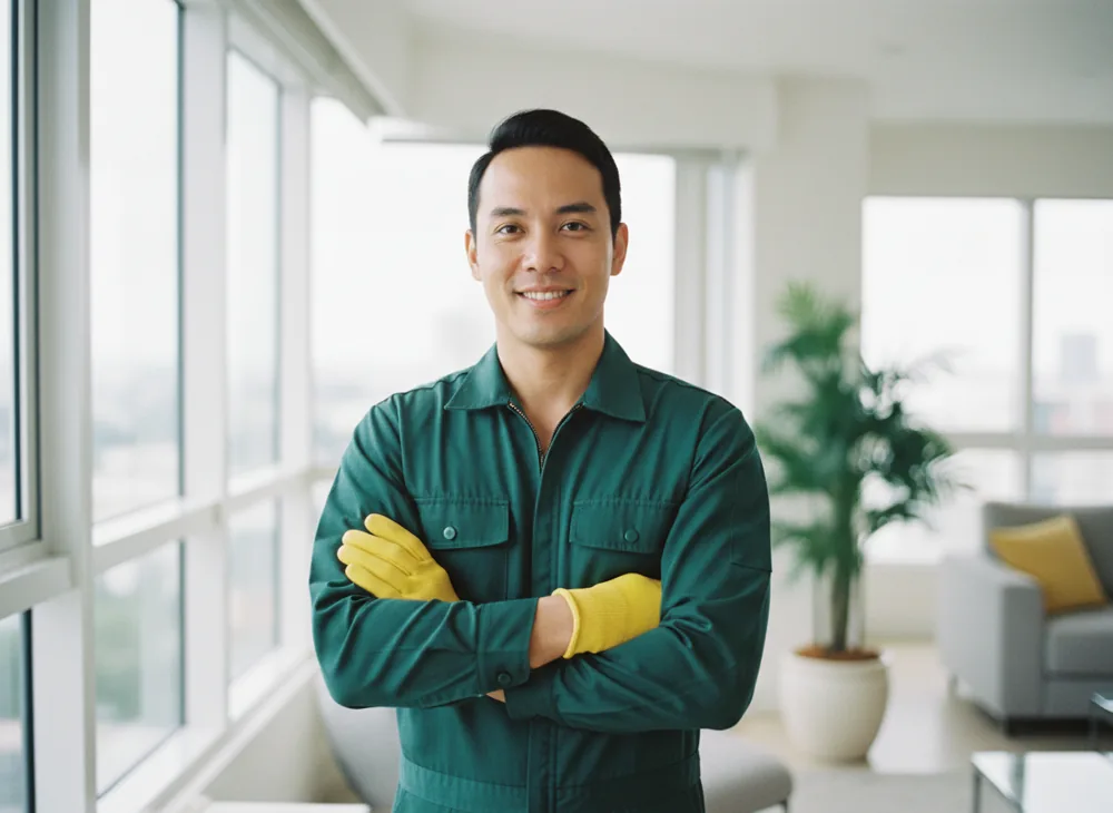 Licensed electrician in green uniform in a Singapore apartment, ready to help