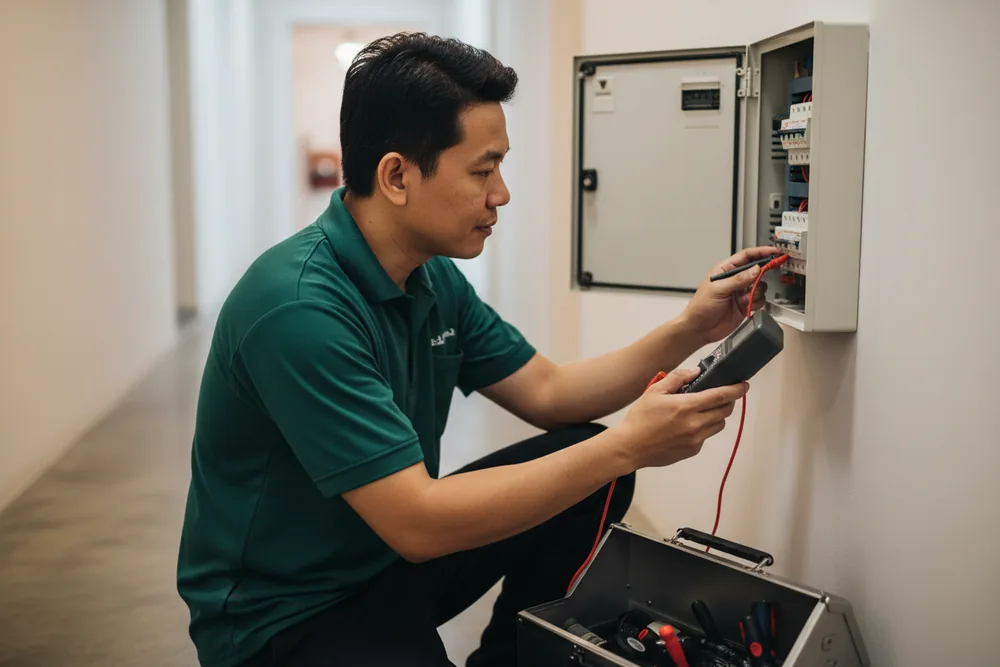 Electrician testing a circuit at the distribution board before replacing anything