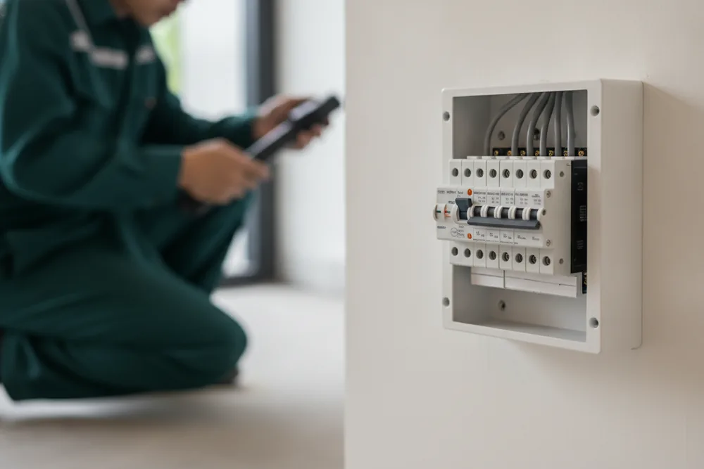 A labelled Singapore distribution board after testing and handover