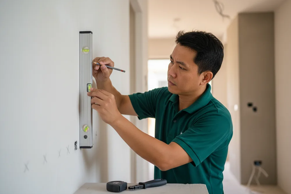 Electrician marking agreed socket positions on a wall before pricing