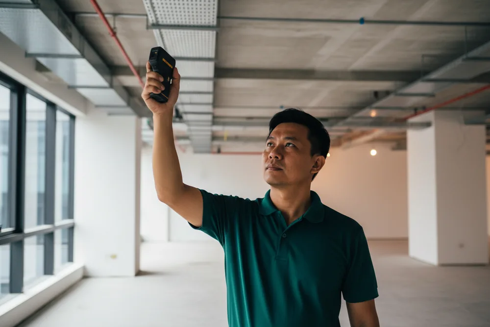 Electrician surveying an empty office fit-out for load and containment