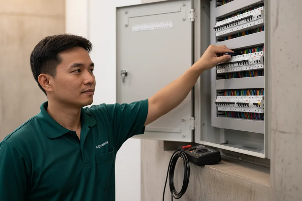 A finished distribution board being closed after testing and labelling