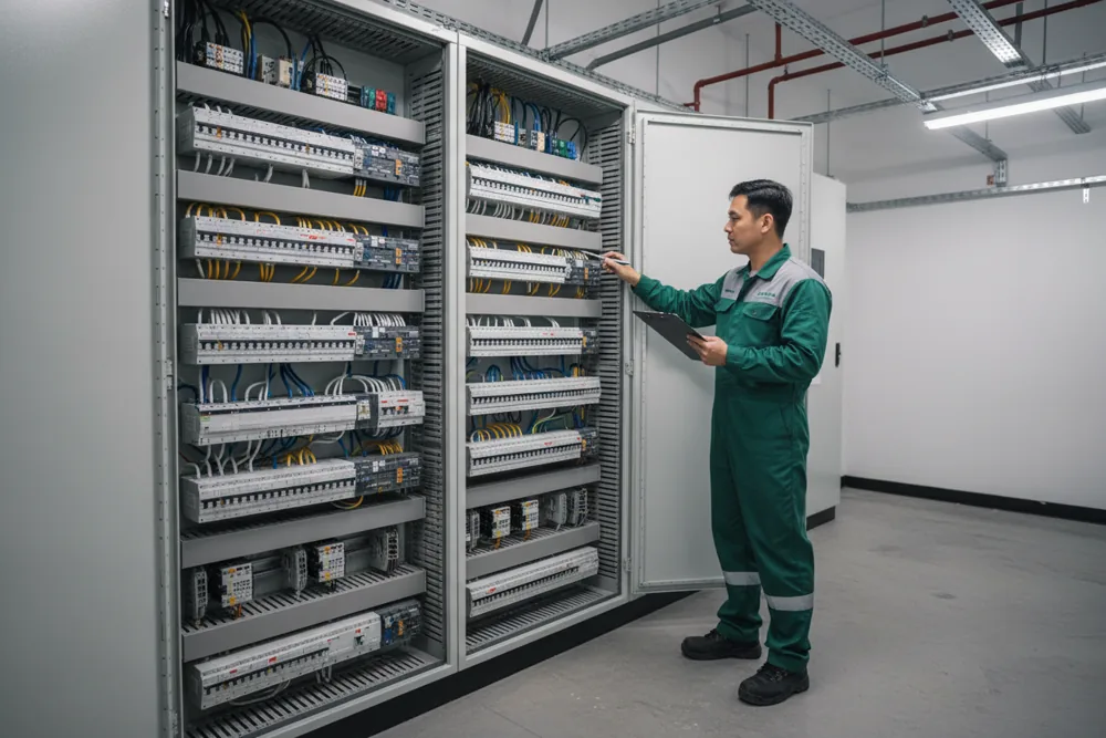 Electrician inspecting a three-phase distribution panel