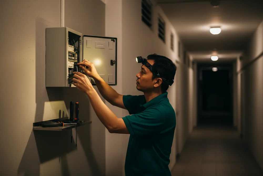 Electrician working at a distribution board in an HDB corridor at night