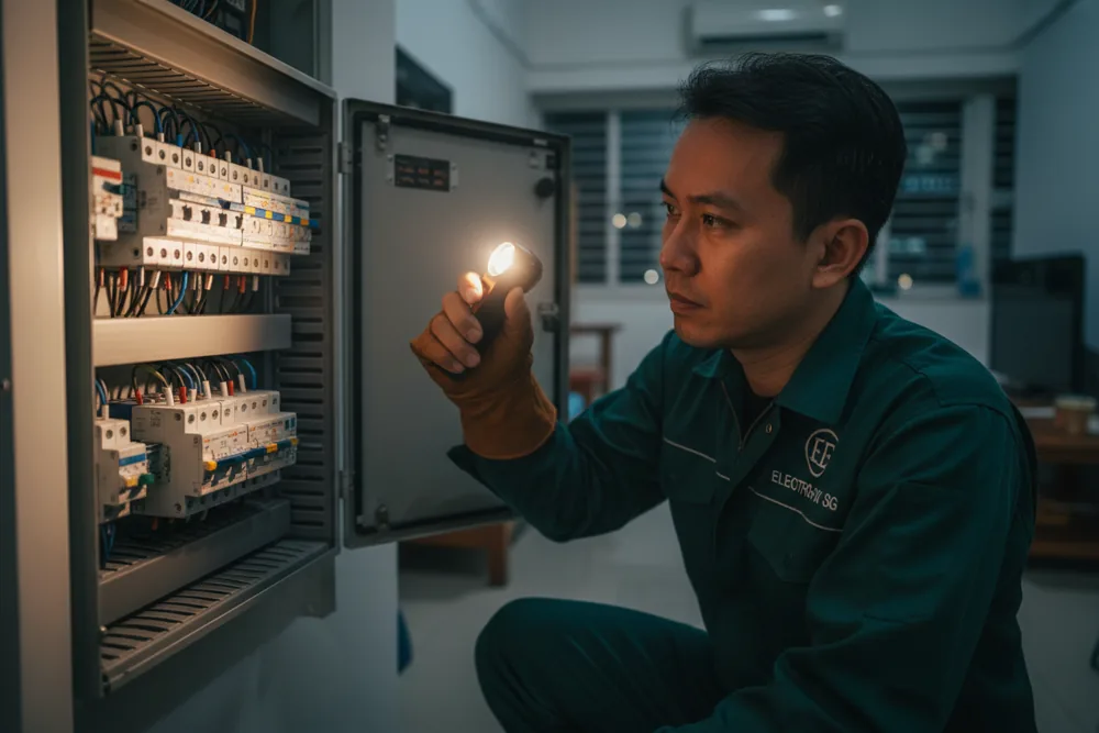 Electrician checking a distribution board at night