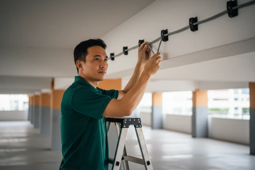 Electrician running armoured cable along a car park beam toward a parking bay