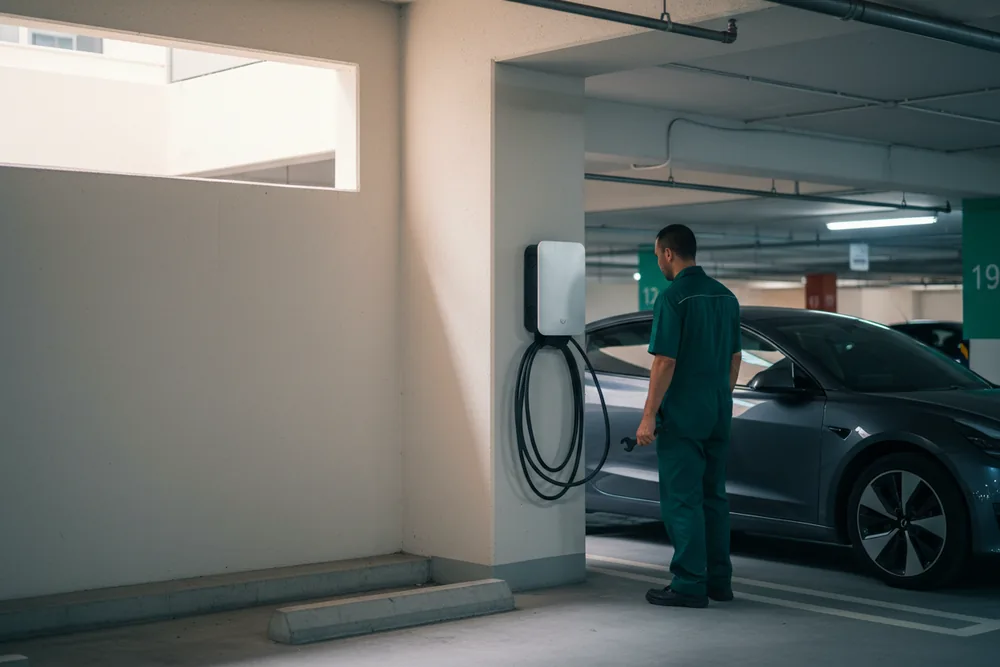 Wall-mounted EV charge point on a column in a Singapore condominium car park