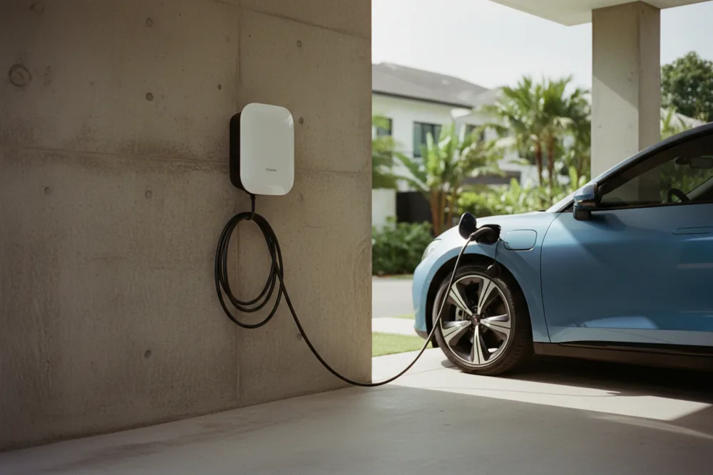 Home EV charger on a wall with a car connected