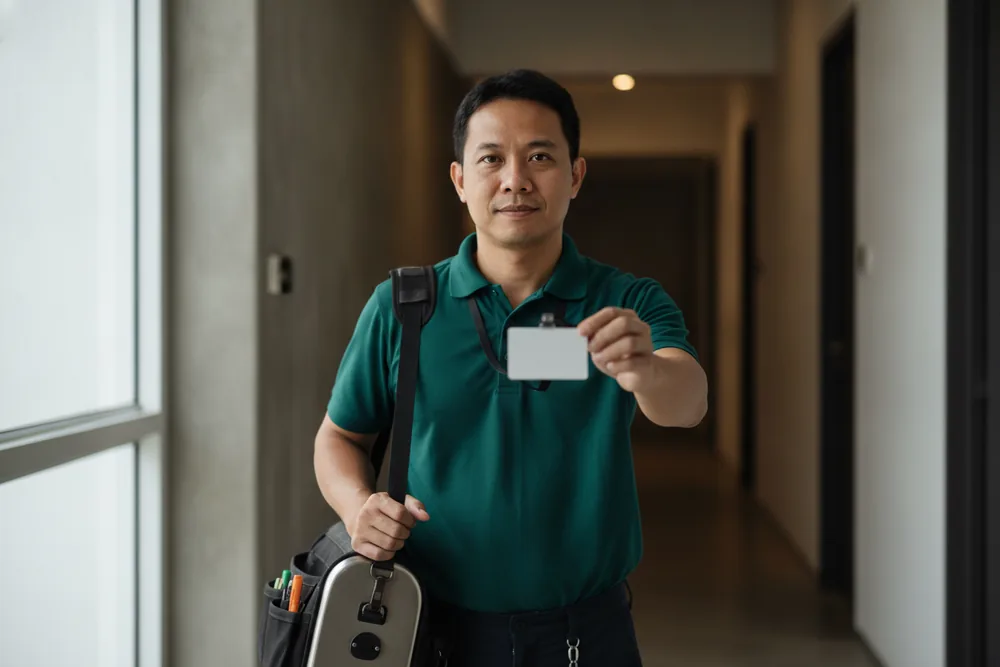 Licensed electrical worker presenting identification at the door of a Singapore flat
