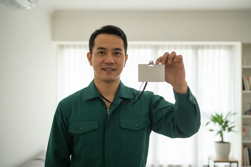 Electrician holding an identification card